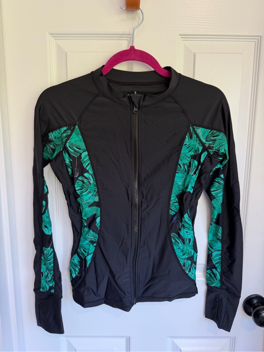Black Zip-Up Active Jacket with Green Leaf Panels
